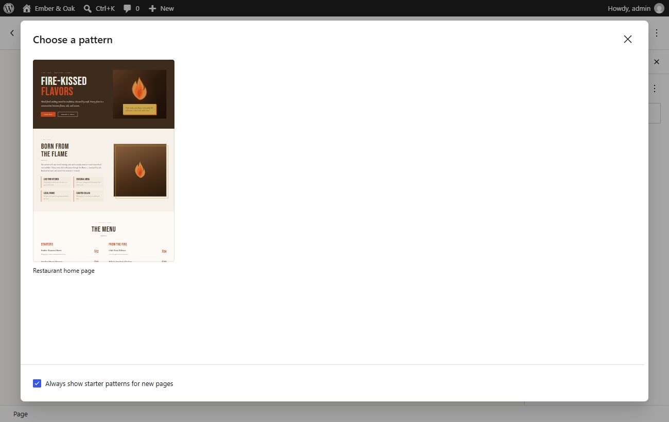 The Choose a pattern window with the Restaurant home page pattern