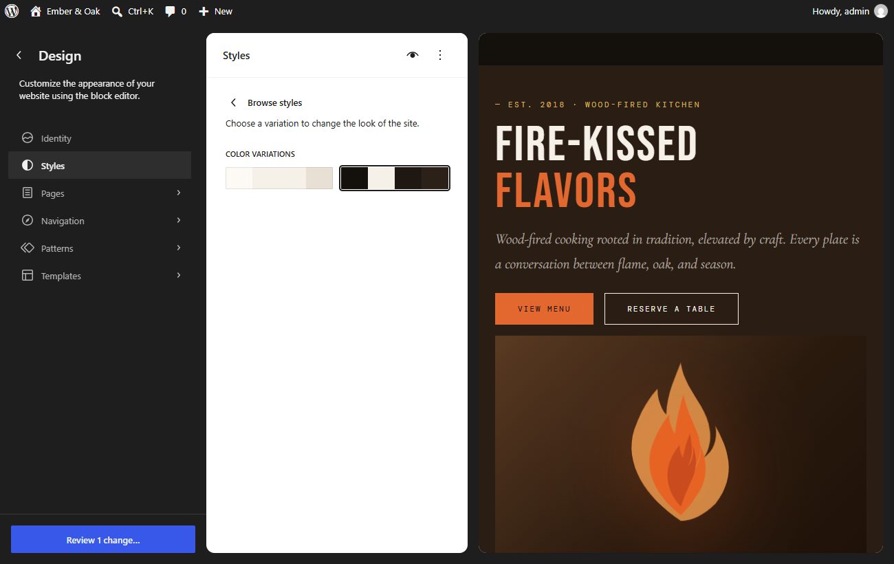 The Styles panel with the dark Ember Night colors selected and previewed